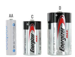 D battery size compared to a C and AA batteries